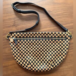 Clare V Grande Fanny, Woven Checker in Black / Natural Leather
